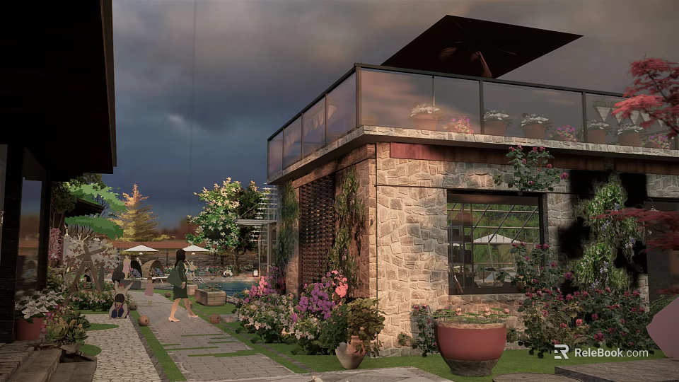 Serene Garden Courtyard With Stone Wall Vines Potted Plants And Pathway 3d model 