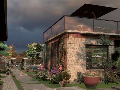Serene Garden Courtyard With Stone Wall Vines Potted Plants And Pathway 3d model