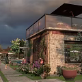 Serene Garden Courtyard With Stone Wall Vines Potted Plants And Pathway