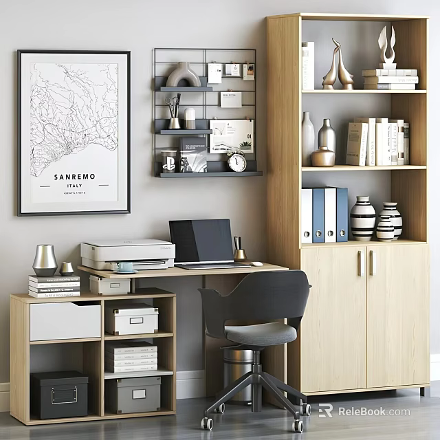 Modern Study Room Interior with Desk Laptop Bookshelves and Decorative Wall Art 3d model 