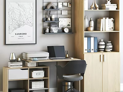 Modern Study Room Interior with Desk Laptop Bookshelves and Decorative Wall Art 3d model