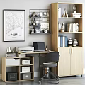 Modern Study Room Interior with Desk Laptop Bookshelves and Decorative Wall Art