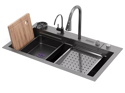 Modern Kitchen Sink With Double Bowl Stainless Steel Faucet And Wooden Cutting Board 3d model