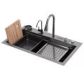 Modern Kitchen Sink With Double Bowl Stainless Steel Faucet And Wooden Cutting Board