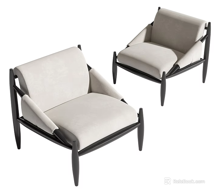 Modern Single Sofas with Beige Upholstery and Black Wooden Frame Design 3d model 