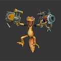 Orange Lizard Character Holding Saw Gun And Cannon With Blue Jacket Open Mouth