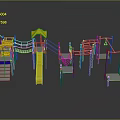 Colorful Playground Structures With Yellow Slide Red Climbing Frames And Blue Swings