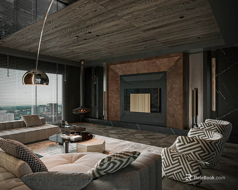 Modern Living And Dining Room Interior With Sofa Fireplace And Floor To Ceiling Windows 3d model 