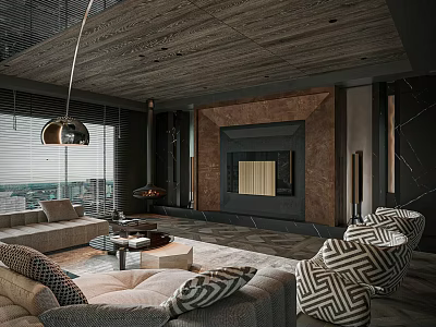 Modern Living And Dining Room Interior With Sofa Fireplace And Floor To Ceiling Windows 3d model