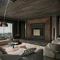 Modern Living And Dining Room Interior With Sofa Fireplace And Floor To Ceiling Windows