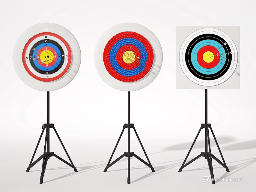 Colorful Circular Targets With Red Blue Concentric Circles On Black Tripods 3d model 