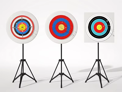 Colorful Circular Targets With Red Blue Concentric Circles On Black Tripods 3d model