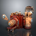 Vintage Steampunk Camera Equipment With Brass Gears And Leather Accents