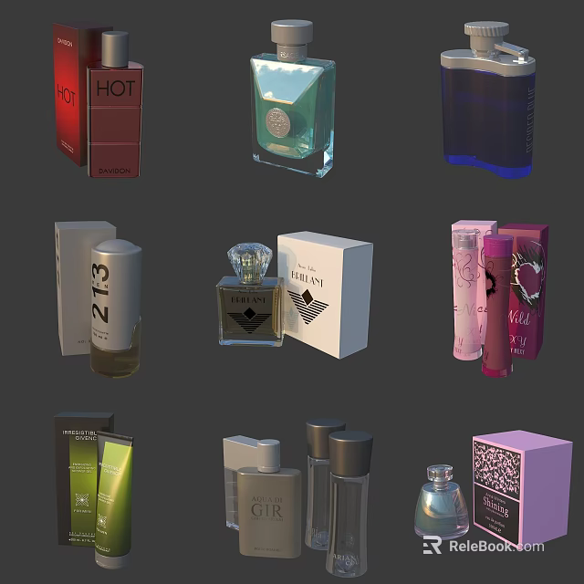 Collection of Perfume Cosmetics with Assorted Bottles and Colorful Packaging Designs 3d model 