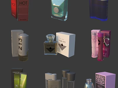 Collection of Perfume Cosmetics with Assorted Bottles and Colorful Packaging Designs 3d model