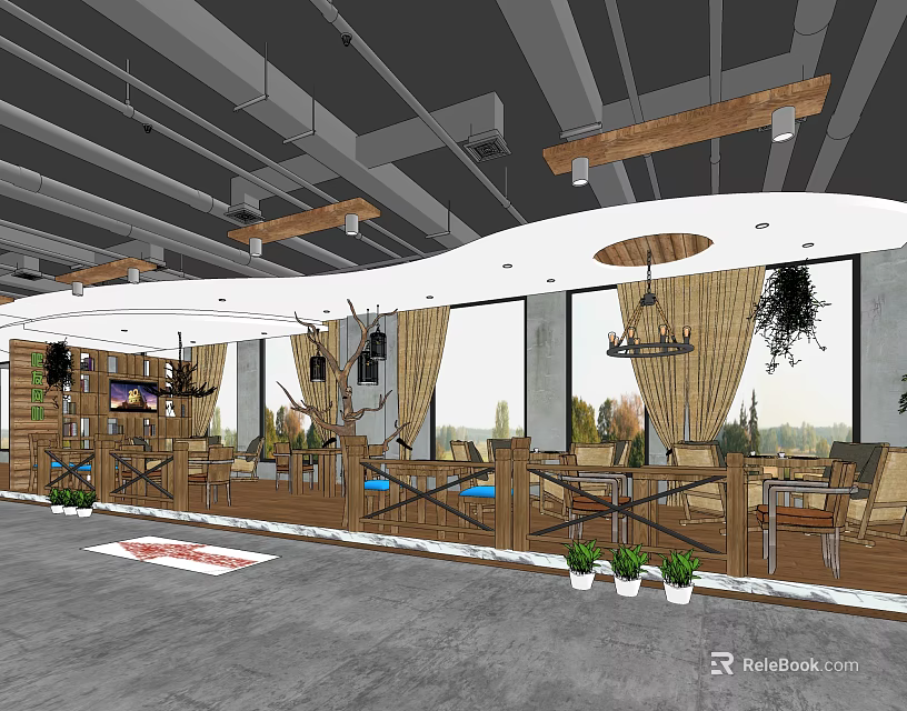 Cozy Café Interior Design With Large Windows Wooden Tables And Green Plants 3d model 