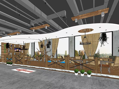Cozy Café Interior Design With Large Windows Wooden Tables And Green Plants 3d model