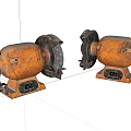 Two Vintage Orange Industrial Grinding Equipment With Metal Bases And Black Wheels