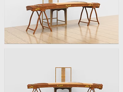 Traditional Wooden Zither Musical Instrument With Artistic Carvings On Wooden Floor 3d model