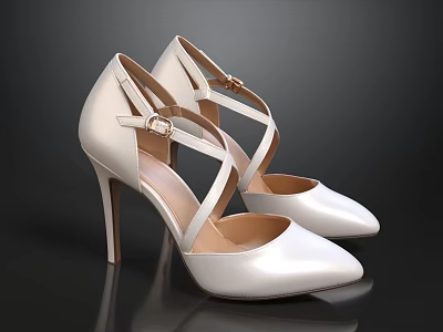 Women's White High Heels with Crisscross Straps and Gold Buckles Pointed Toe Design 3d model