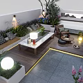 Courtyard Garden Design With Various Plants Outdoor Seating Paved Floor And Ambient Lighting
