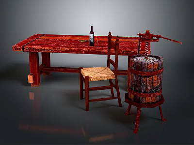 Rustic Red Wooden Table With Chair And Barrel Furniture Plus Wine Bottle 3d model