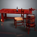 Rustic Red Wooden Table With Chair And Barrel Furniture Plus Wine Bottle