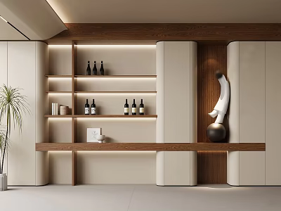 Modern Wooden Decorative Cabinet With Shelves Wine Bottles Decorations Green Plant And Sculpture 3d model