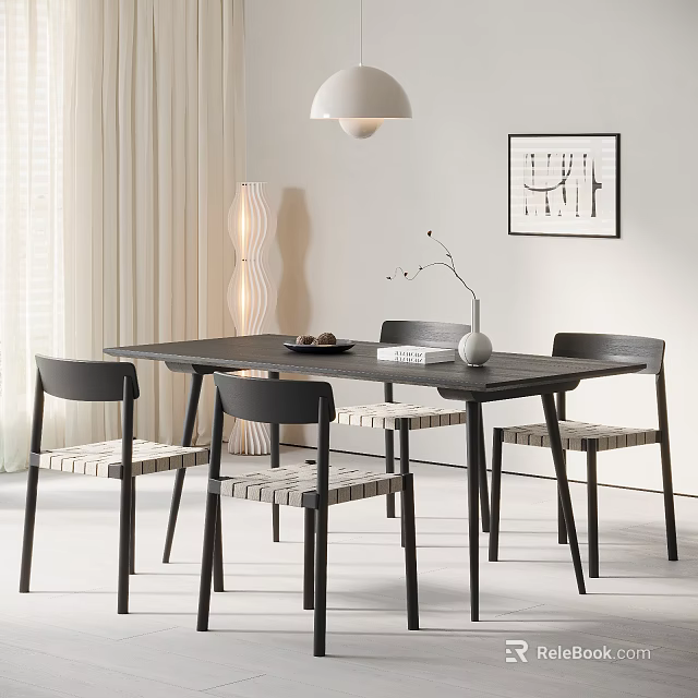 Dark Dining Table And Woven Seat Chairs In Minimalist Interior With White Curtains 3d model 