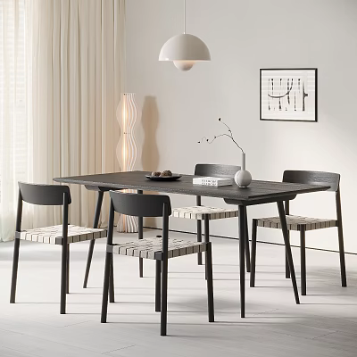 Dark Dining Table And Woven Seat Chairs In Minimalist Interior With White Curtains 3d model