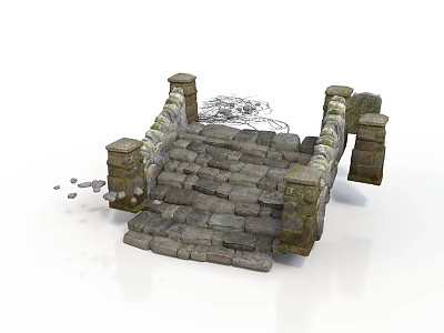 Damaged Stone Arch Bridge With Scattered Stones And Broken Parts 3d model