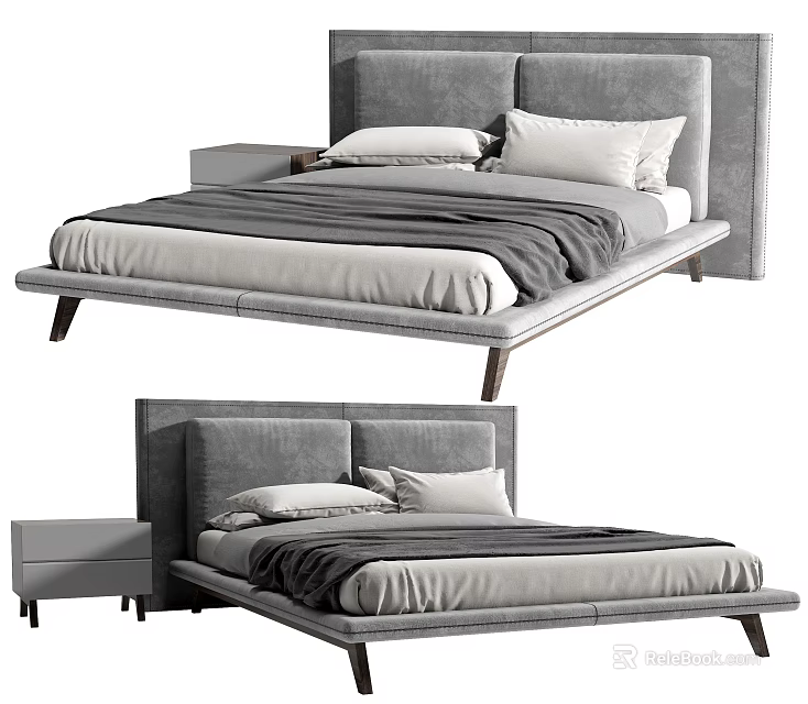 Modern Gray Upholstered Double Bed With Nightstand Sleek Frame And Comfortable Design 3d model 