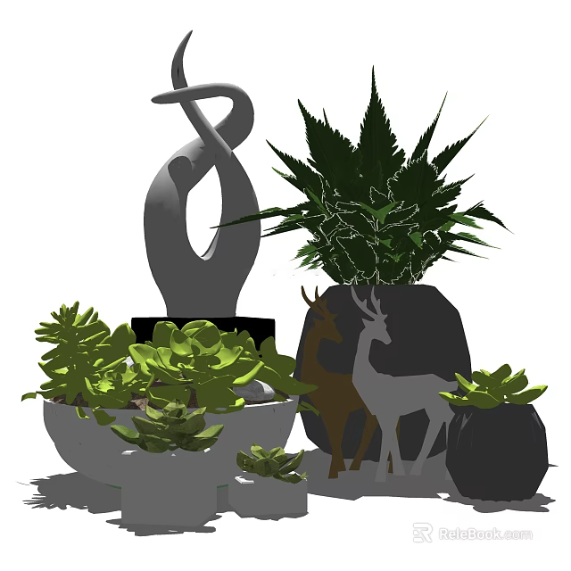 Bonsai Potted Plants With Succulents Deer Figurines And Abstract Sculpture 3d model 