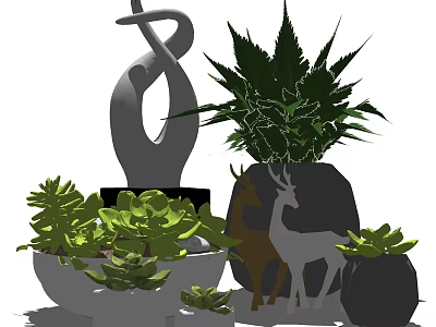 Bonsai Potted Plants With Succulents Deer Figurines And Abstract Sculpture 3d model