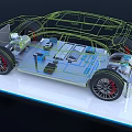 Car Wireframe Model Displaying Chassis Structure Battery System And Electric Components On Platform
