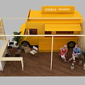 Yellow Food Truck Setup With Wooden Frame Structure Tables Chairs And Green Plants People Sitting