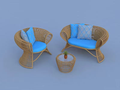 Rattan Outdoor Sofa Set with Blue Cushions and Side Table Plant 3d model