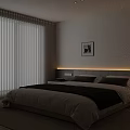 Modern Bedroom Interior With Upholstered Headboard Neutral Bedding Curtains Accent Chair and Wall Art