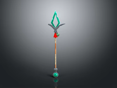 Decorative Staff With Green Diamond Top Wing Structure Red Ornament Brown Shaft And Green Sphere 3d model