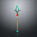 Decorative Staff With Green Diamond Top Wing Structure Red Ornament Brown Shaft And Green Sphere