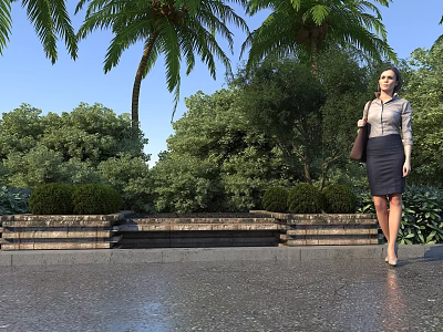 Woman Carrying Bag Walking Outdoors With Palm Trees Green Trees And Bench 3d model