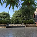 Woman Carrying Bag Walking Outdoors With Palm Trees Green Trees And Bench