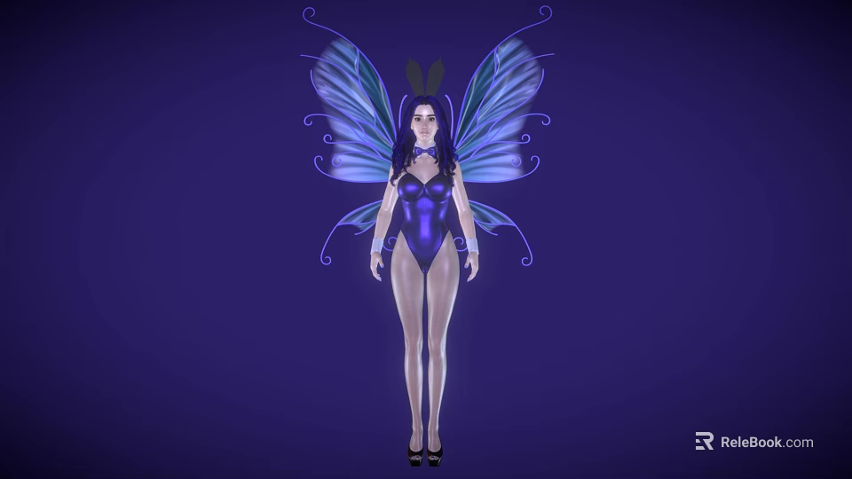 Woman with Blue Wings in Purple Bodysuit and Black High Heels on Purple Background 3d model 