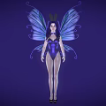 Woman with Blue Wings in Purple Bodysuit and Black High Heels on Purple Background