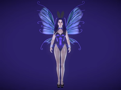 Woman with Blue Wings in Purple Bodysuit and Black High Heels on Purple Background 3d model