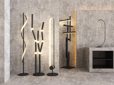 Modern Lighting Combinations with Curved Linear and Geometric Designs in Gray Wall Concrete Floor Showroom 3d model