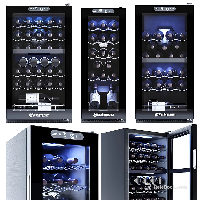 Modern Wine Cooler Units With Glass Door LED Lighting And Wine Bottle Storage Racks 3d model 
