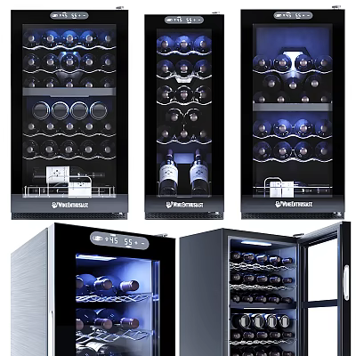 Modern Wine Cooler Units With Glass Door LED Lighting And Wine Bottle Storage Racks 3d model