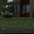 Lush Courtyard Garden With Green Hedges Colorful Flowers Lamp Post And Rainy Water Reflection