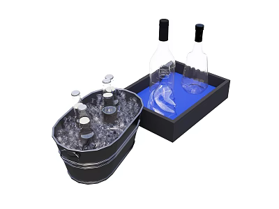 Chilled Wine Bottles And Glasses In Ice Bucket With Tray And Blue Ice 3d model